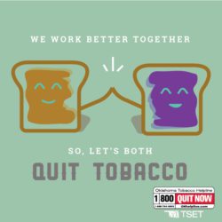 E-Card: We work better together, so let's both quit tobacco. With image of peanut butter and jelly high-fiving.
