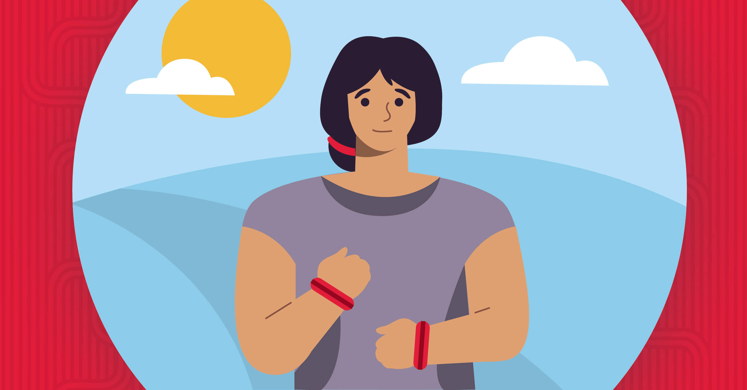 Woman with sweatbands on wrists outside working out illustration