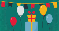 balloons, presents, and banner celebration