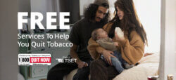 A young couple sitting on a bed together bottle-feeding their baby, with text overlaid reading Free Services To Help You Quit Tobacco, alongside the Oklahoma Tobacco Helpline 1-800-QUIT-NOW logo and TSET program badge.