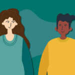 An illustration of two people standing side by side against a teal background — a woman with long brown hair in a light blue top and a man with dark hair in a yellow sweater, both smiling.