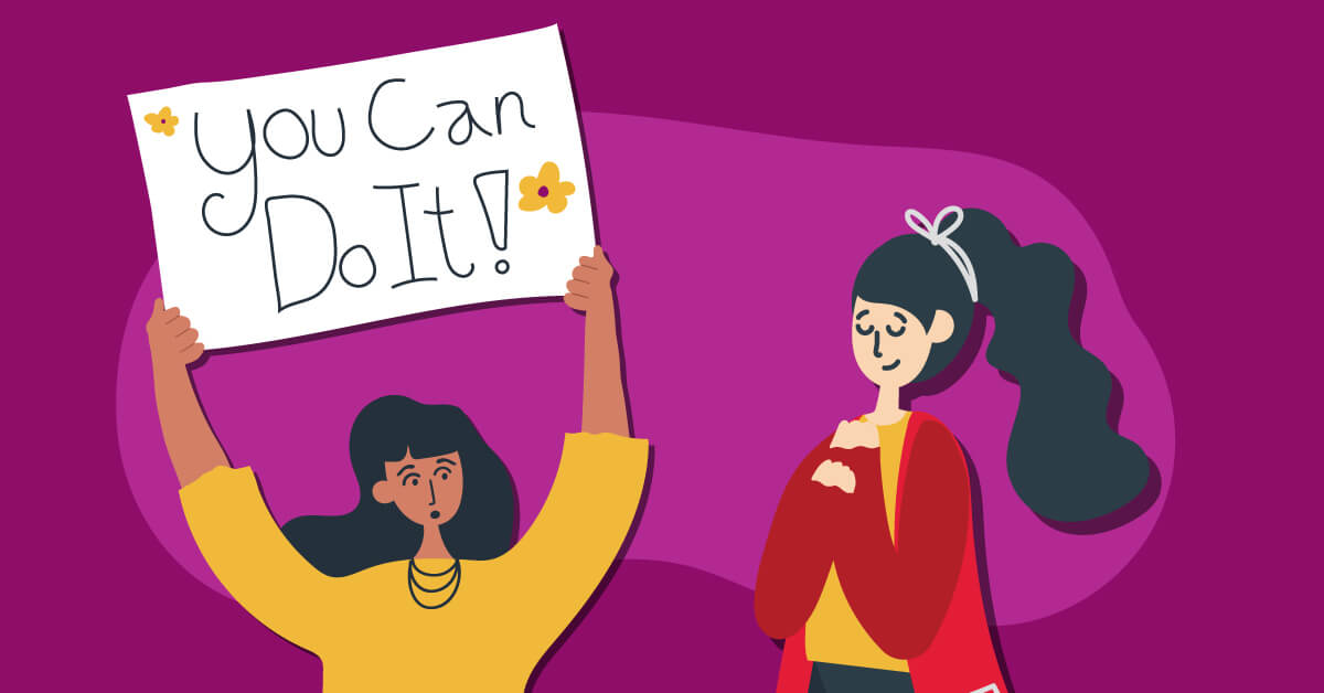 An illustration of one person in a yellow top holding up a sign that reads You Can Do It! decorated with small flowers, while a second person in a red jacket stands nearby smiling, set against a purple background.