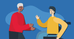 An illustration of two people having a conversation against a blue background — an older person with white hair in a red sweater and a younger person in a yellow sweater seated in a wheelchair, gesturing openly while talking.
