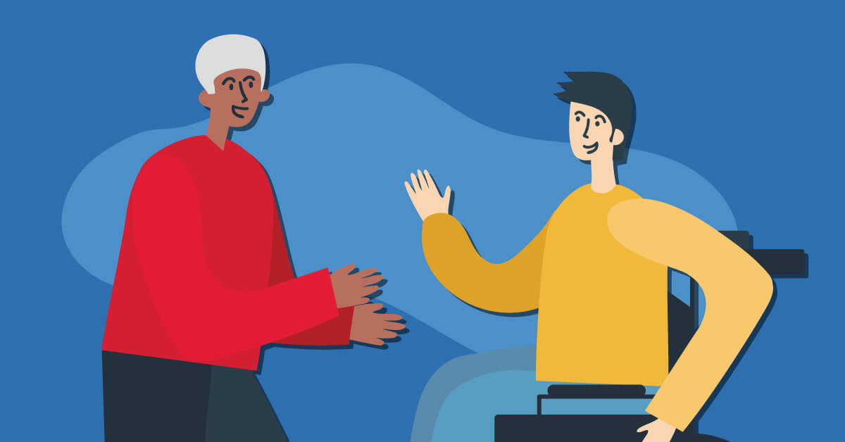 An illustration of two people having a conversation against a blue background — an older person with white hair in a red sweater and a younger person in a yellow sweater seated in a wheelchair, gesturing openly while talking.