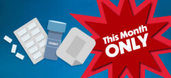 Illustrated blue banner showing nicotine lozenges, gum, and a patch, with a red starburst graphic reading "This Month Only."