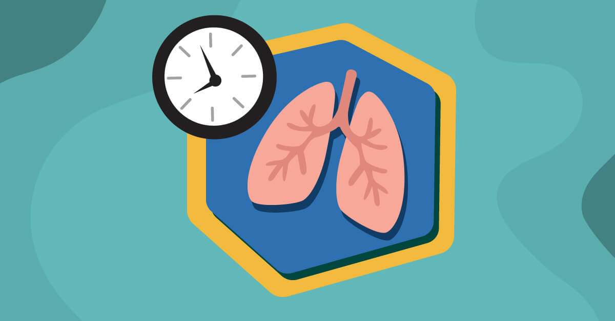 Illustration of a pair of healthy pink lungs on a blue hexagon badge, with a clock in the top corner.