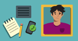 Illustration of a notepad and pencil, a document, and a phone with a green call icon next to a framed portrait of a concerned-looking man in a purple shirt.
