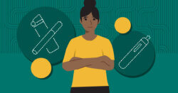 Illustration of a confident woman in a yellow shirt with her arms crossed, standing between dotted outlines of vaping devices.