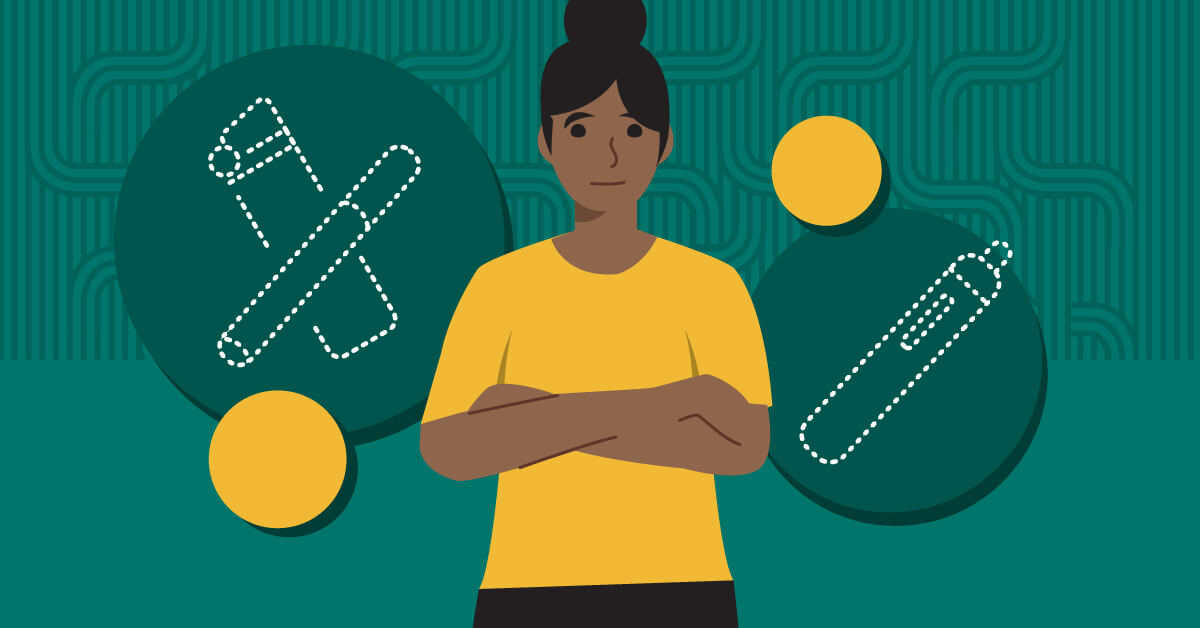 Illustration of a confident woman in a yellow shirt with her arms crossed, standing between dotted outlines of vaping devices.