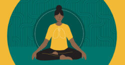Illustration of a woman sitting cross-legged and meditating with her eyes closed, with a dotted outline of lungs on her chest.