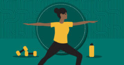 Illustration of a woman in a warrior yoga pose, with dumbbells and a water bottle on the floor beside her.