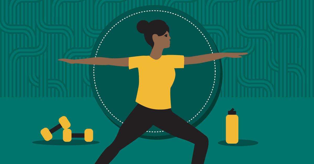 Illustration of a woman in a warrior yoga pose, with dumbbells and a water bottle on the floor beside her.
