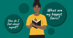 Illustration of a woman writing in a journal, surrounded by the questions "How do I feel about myself?" and "What are my biggest fears?"