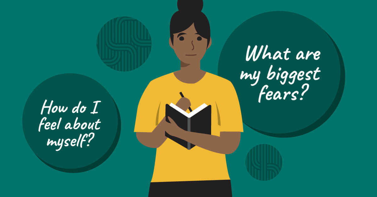 Illustration of a woman writing in a journal, surrounded by the questions "How do I feel about myself?" and "What are my biggest fears?"
