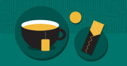 Illustration of a cup of tea with the tea bag tag hanging over the side, next to a partially unwrapped bar.