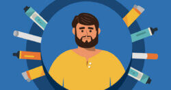 Illustration of a bearded man in a yellow shirt, surrounded by colorful paint tubes and markers.