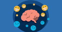 Illustration of a brain surrounded by smiling yellow faces and frowning blue faces.