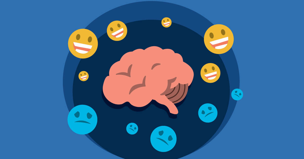 Illustration of a brain surrounded by smiling yellow faces and frowning blue faces.
