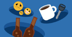 Illustration of emoji faces, a coffee mug with a car key, and two brown bottles, each coming out of its own hole.