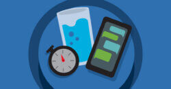 Illustration of a glass of water, a stopwatch and a smartphone showing a text conversation.