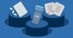 Illustration of a blister pack of gum, a bottle labeled "Lozenges," and two skin patches.