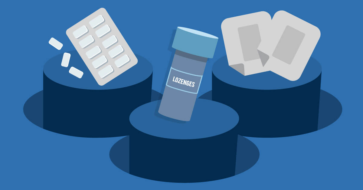 Illustration of a blister pack of gum, a bottle labeled "Lozenges," and two skin patches.