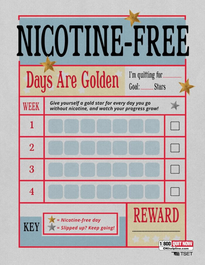 A printable nicotine-free progress tracker with a four-week chart for daily gold star stickers, a goal-setting section, and contact information for the 1-800-QUIT-NOW helpline.
